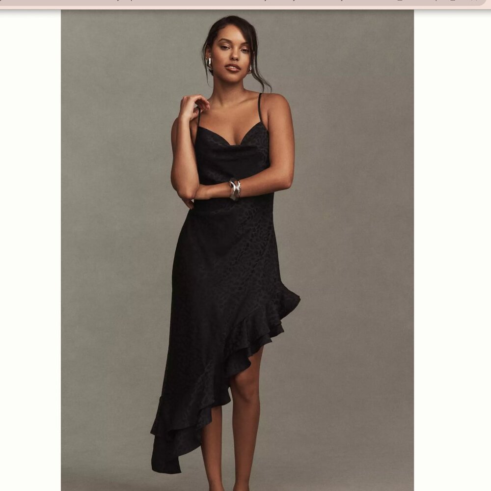 BHLDN Mila Asymmetrical Cheetah Satin Ruffle Jacquard Midi Dress